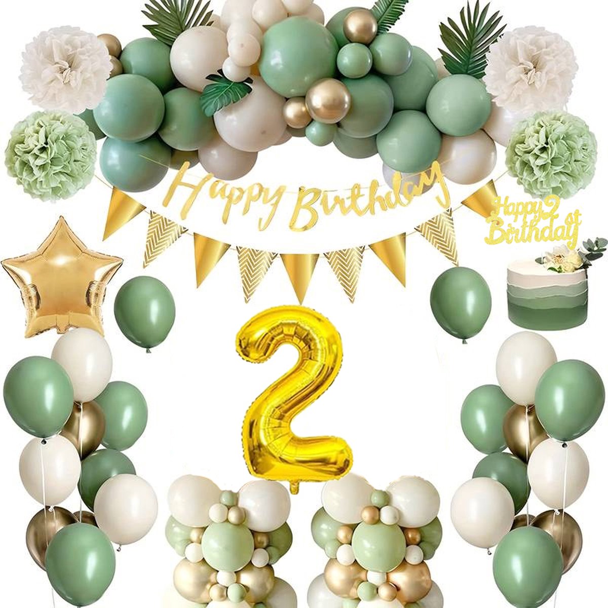 FeestmetJoep® 2 jaar verjaardag versiering & ballonnen - Goud & Groen