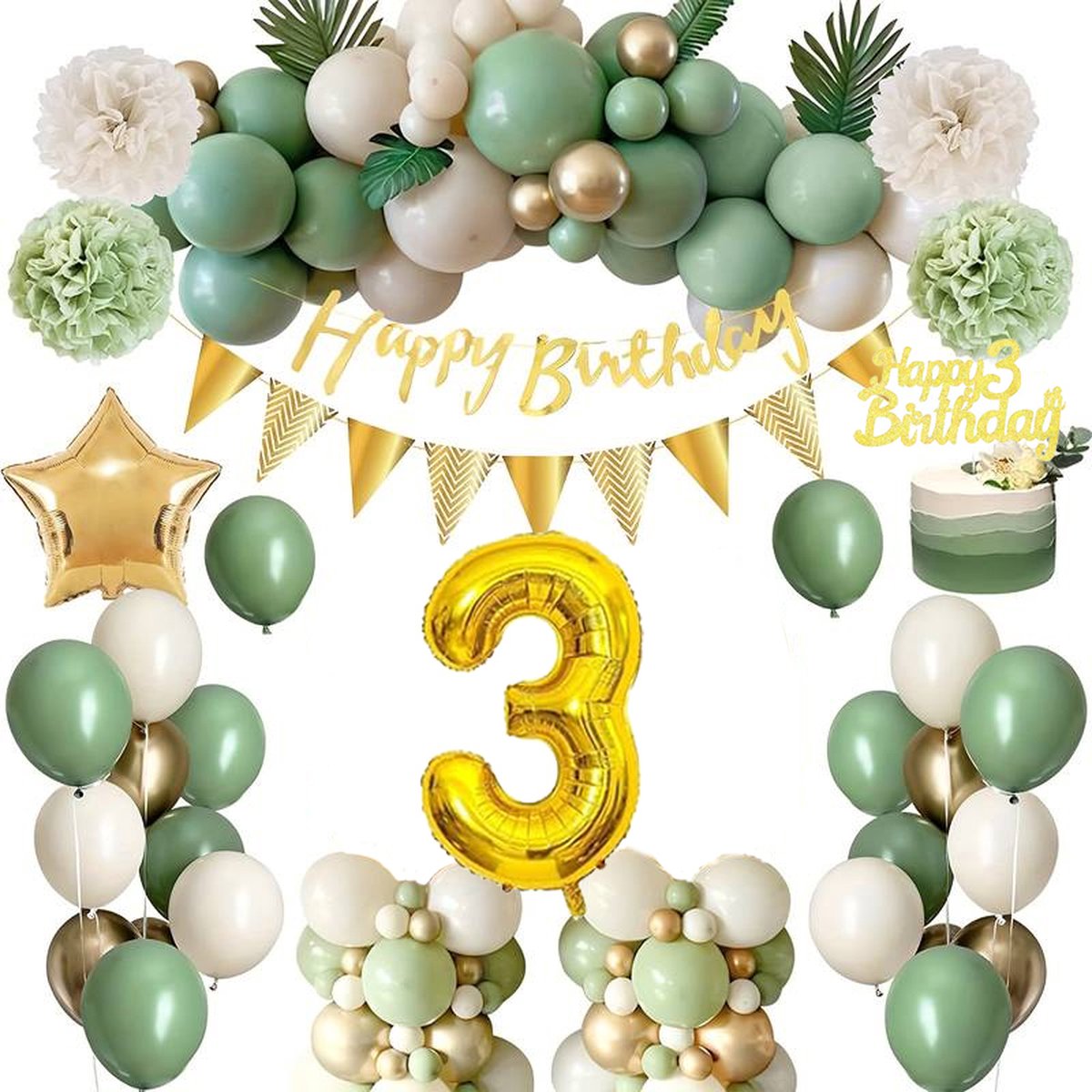 FeestmetJoep® 3 jaar verjaardag versiering & ballonnen - Goud & Groen