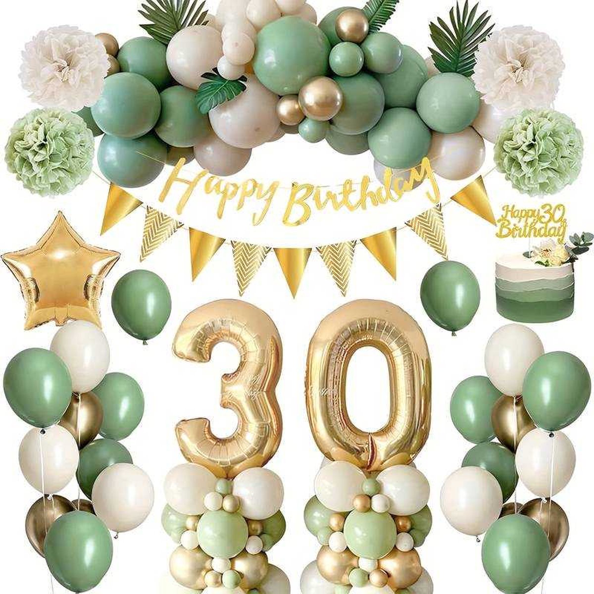 FeestmetJoep® 30 jaar feestpakket Groen / Goud 63-delig - 30 jaar verjaardag versiering - 30 jaar slingers - 30 jaar ballonnen - Feestversiering voor man & vrouw Groen / Goud - 30 jaar verjaardag man / vrouw - 30 jaar versiering
