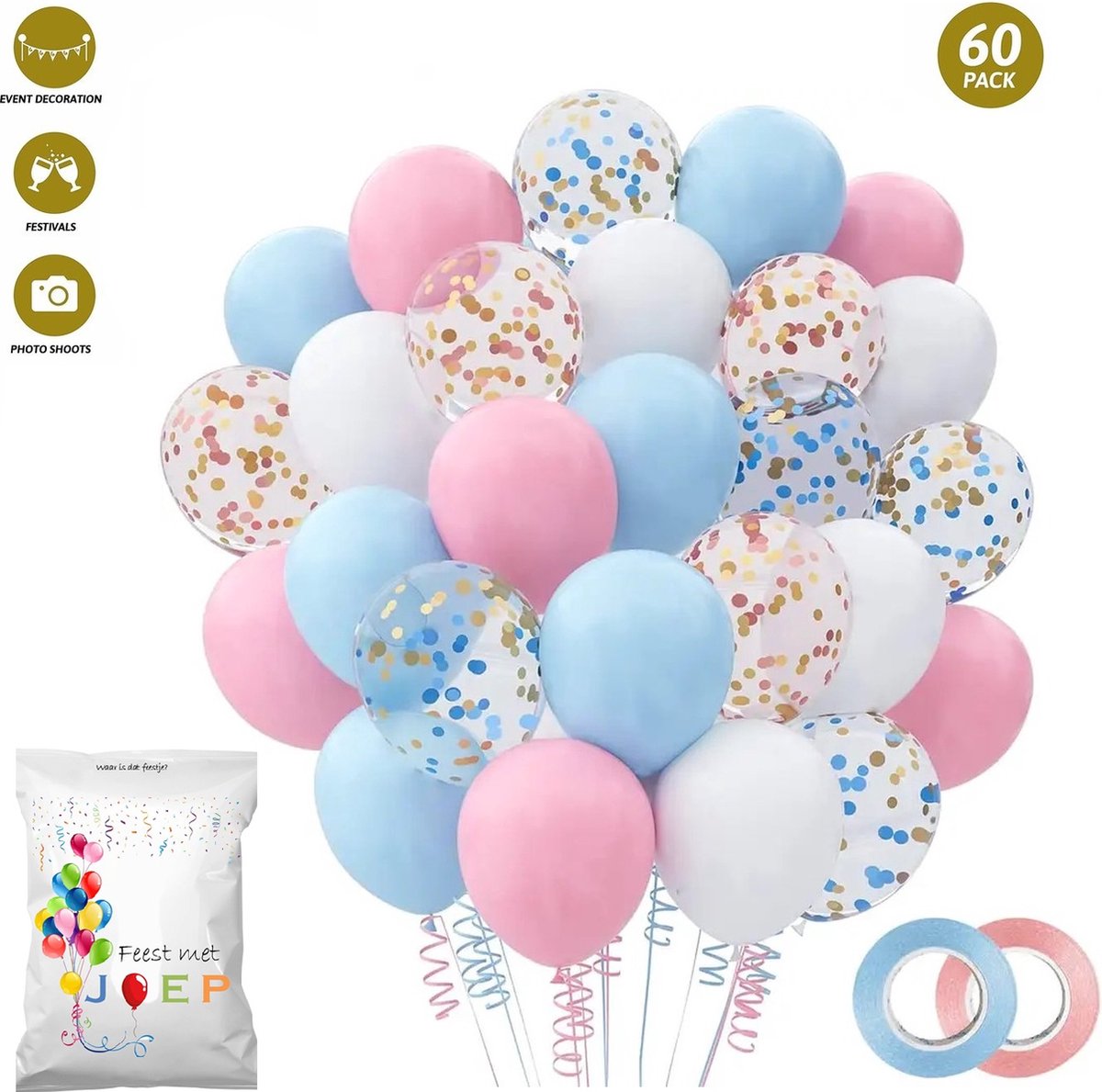 FeestmetJoep® 60 stuks ballonnen Blauw & Roze – Verjaardag Versiering