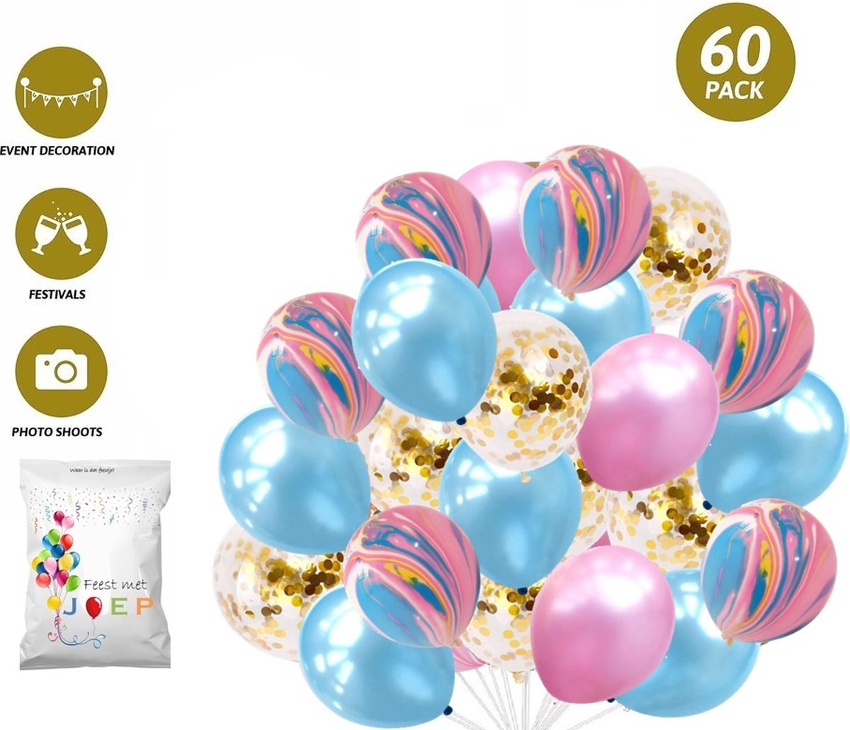 FeestmetJoep® 60 stuks ballonnen Roze & Blauw – Verjaardag Versiering
