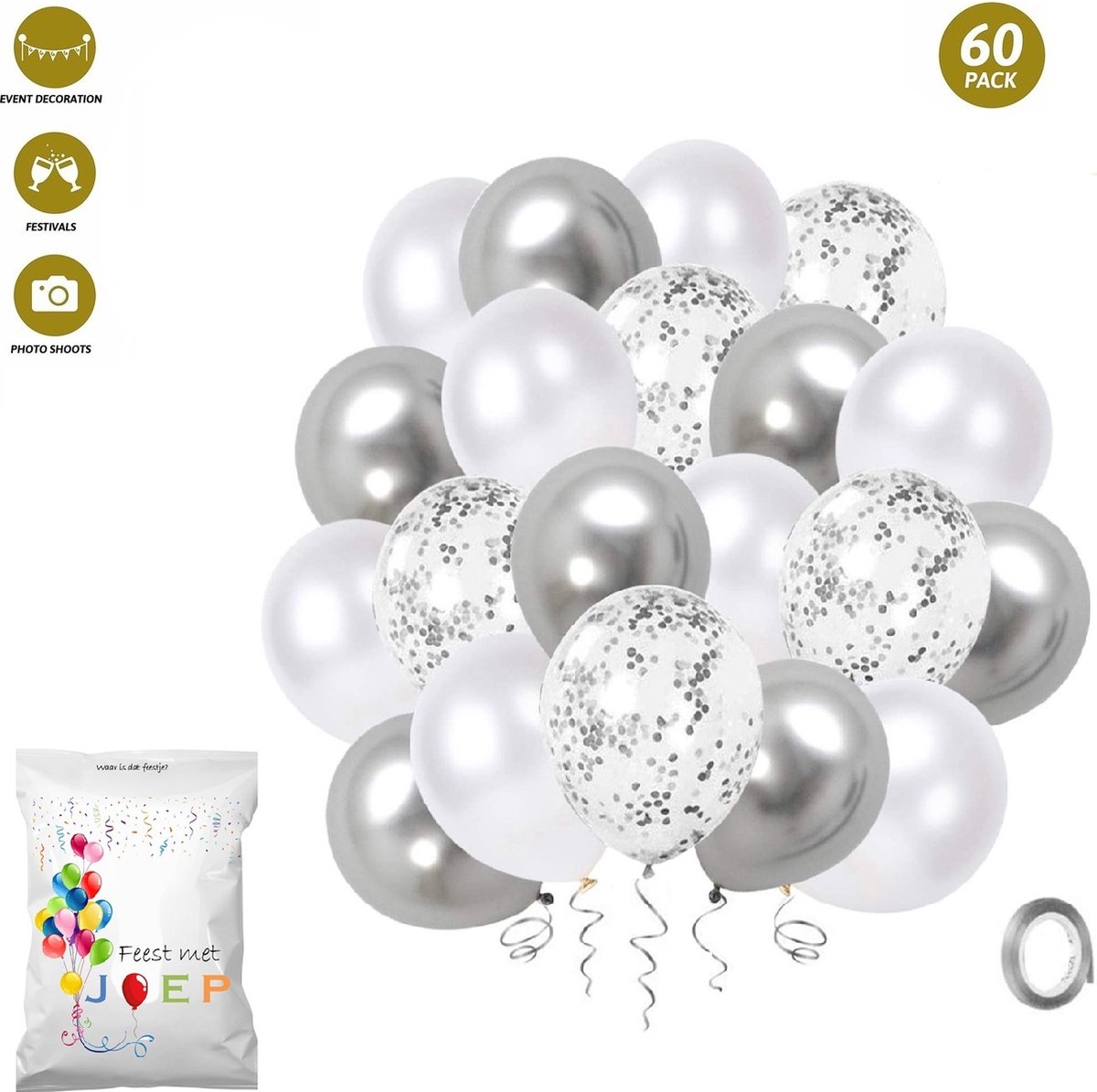 FeestmetJoep® 60 stuks ballonnen Zilver & Wit – Verjaardag Versiering