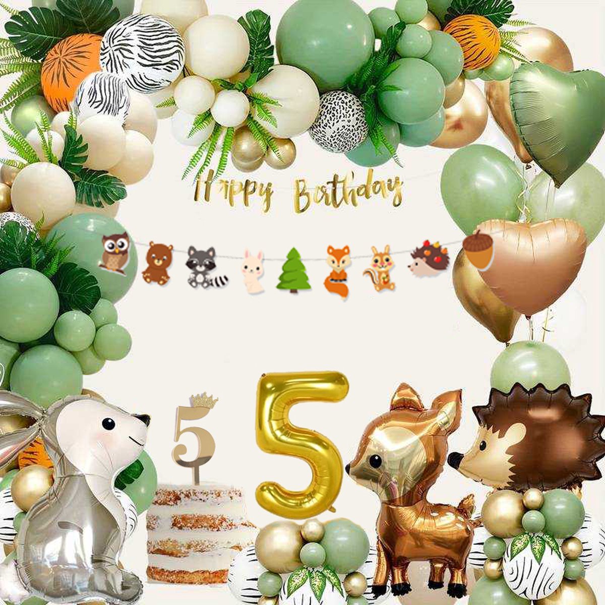FeestmetJoep® 64-delig feestpakket Jungle 5 jaar verjaardag - Jungle thema feestje 5 jaar - Jungle versiering - Jungle feestartikelen - Jungle slinger - Jungle ballonnen - Jungle kinderfeestje - Dieren verjaardag versiering