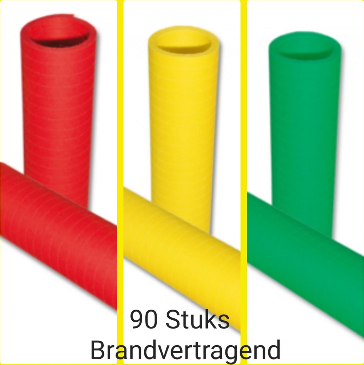 90 Rolletjes Serpentine BRANDVERTRAGEND/ BRANDVEILIG Rood/ Geel/ Groen, 10 rolletjes, Carnaval, Verjaardag, Horeca