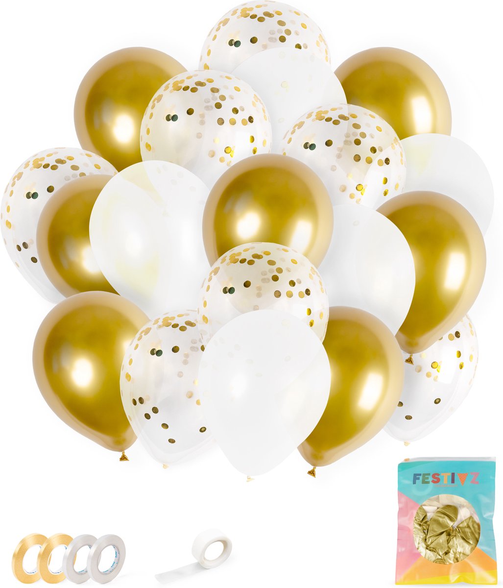 Festivz 40 stuks Goud Witte Ballonnen met Lint – Decoratie – Feestversiering - Papieren Confetti – Gold - White - Gold Latex - White Latex - Verjaardag - Bruiloft - Feest