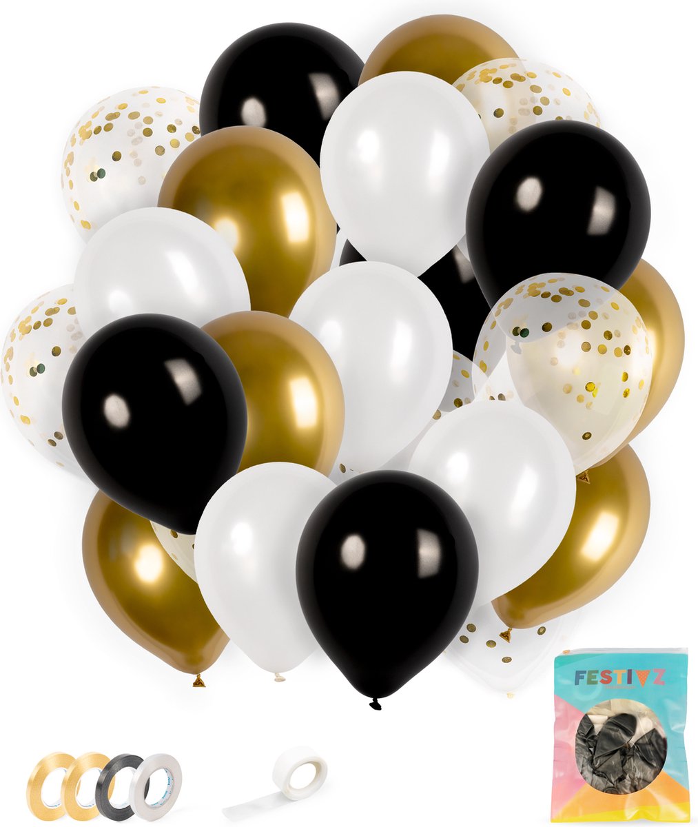 Festivz 40 stuks Goud Zwarte Ballonnen met Lint – Decoratie – Feestversiering - Papieren Confetti – Gold - Black - Gold Latex - Black Latex - Verjaardag - Bruiloft - Feest