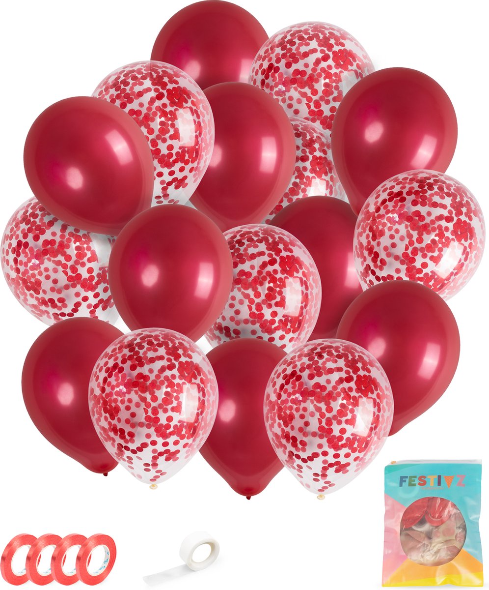 Festivz 40 stuks Rood Ballonnen met Lint – Decoratie – Feestversiering - Papieren Confetti – Red - Red Latex - Verjaardag - Bruiloft - Feest