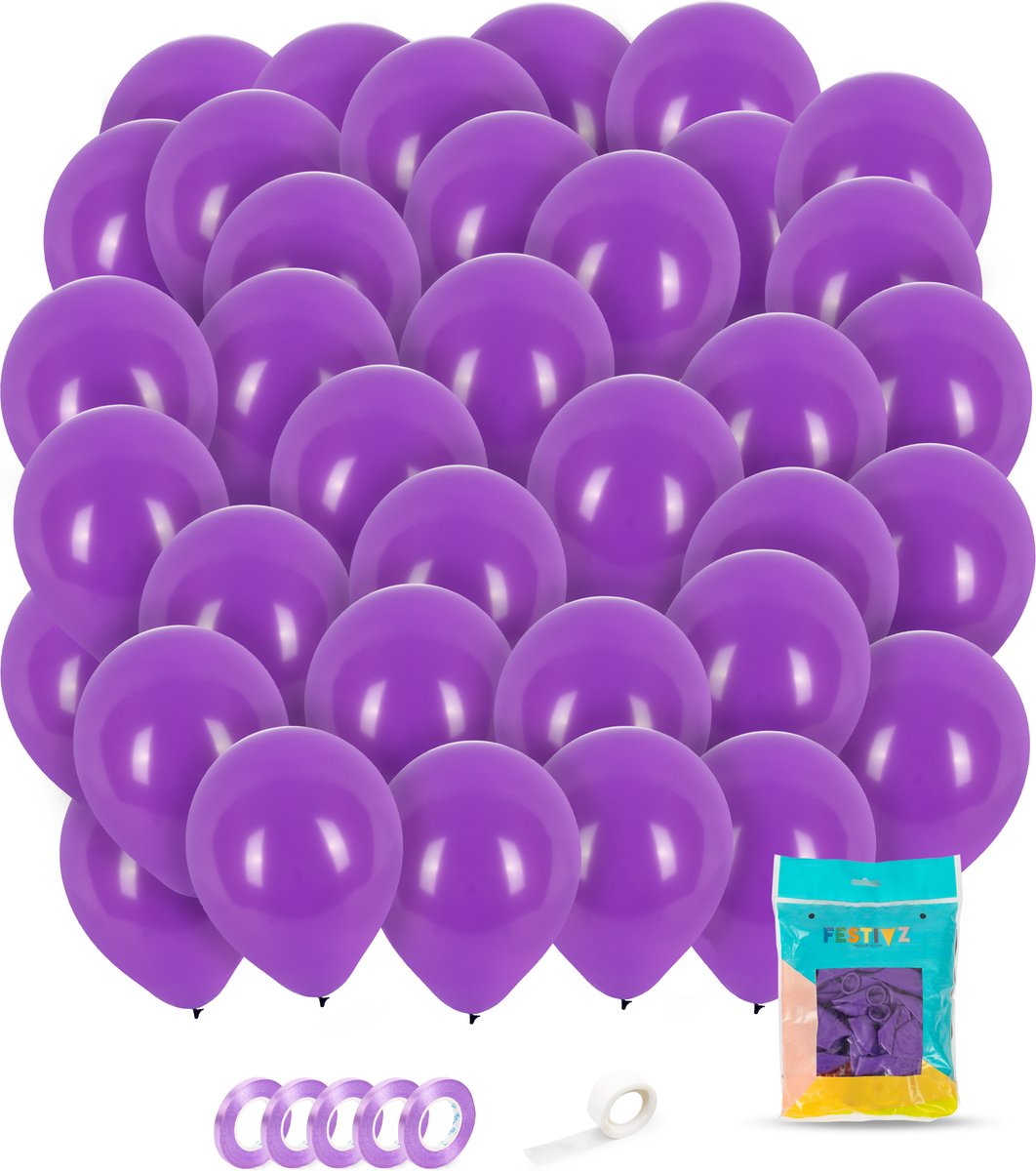 Festivz 50 stuks Paars Ballonnen met Lint – Decoratie – Feestversiering – Paars - Purple Latex - Verjaardag - Bruiloft - Feest