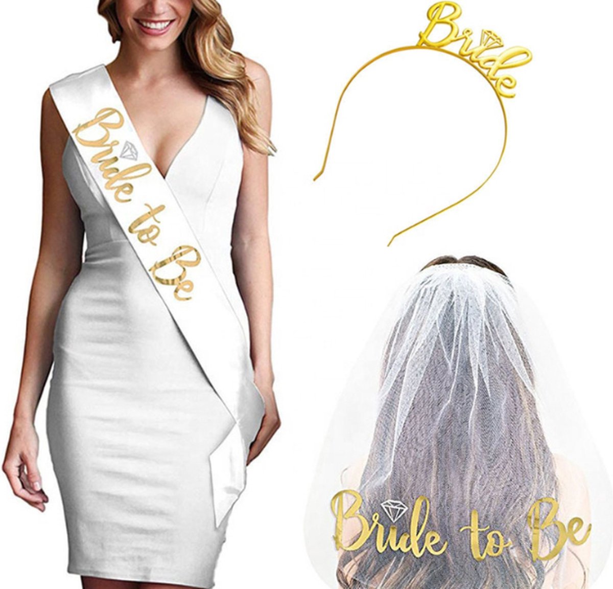 Festivz Bride To Be Set - Goud - Sjerp - Kroon - Bruidsluier - Bruiloft - Vrijgezellenfeest - Bachelorette