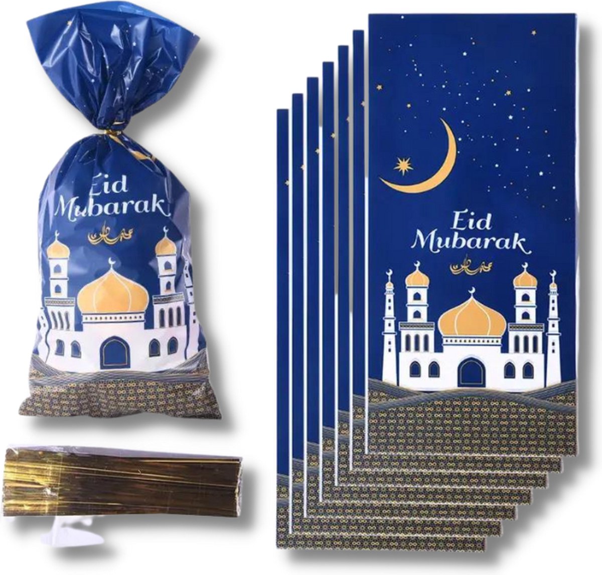 Festivz Eid Mubarak Zakjes - Uitdeelzakjes - Eid cadeau - 10 stuks - Eidverpakking - Eid Decoratie – Feestversiering – Blauw - Goud - Feest