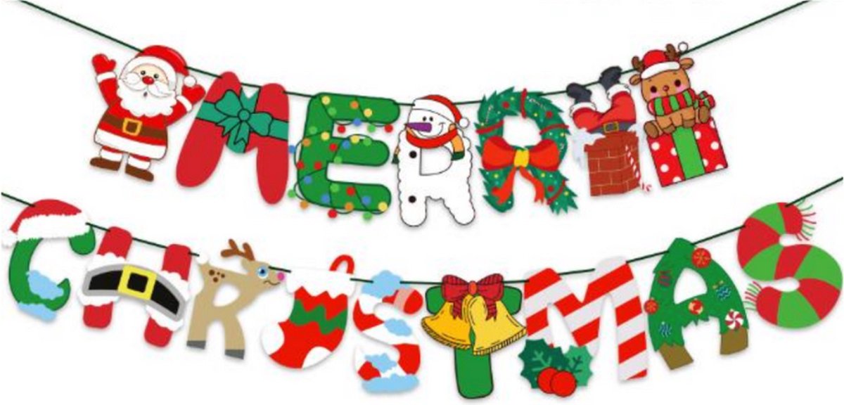   Merry Christmas Letters Banner - Kerst Decoratie – Feestversiering – Rood - Groen - Feest