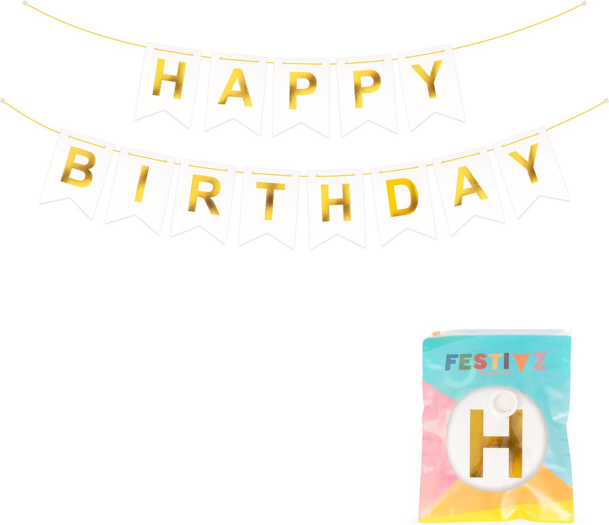   Wit & Gouden Happy Birthday Banner - 16x20cm - White and Gold - Verjaardag - Birthday - Feest