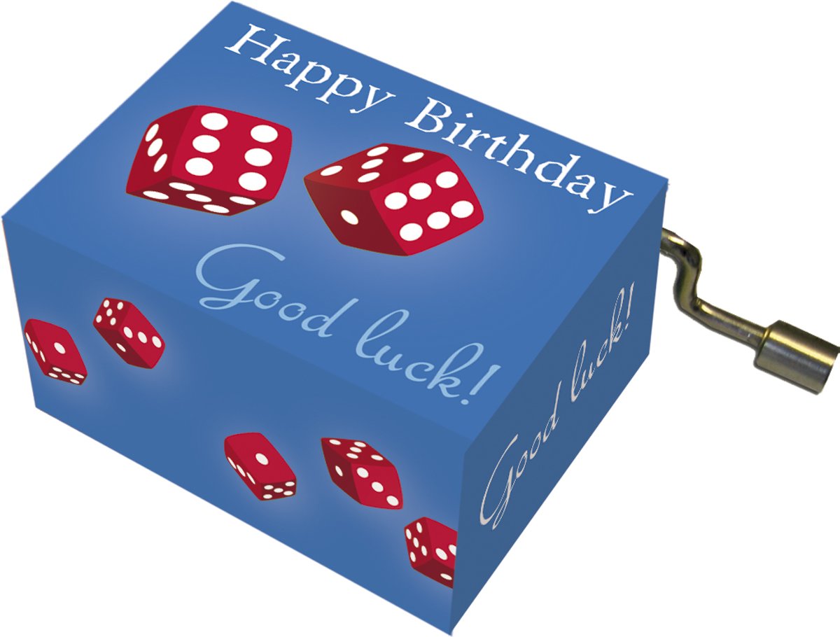 Muziekdoosje Good luck en dobbelstenen met melodie Happy Birthday