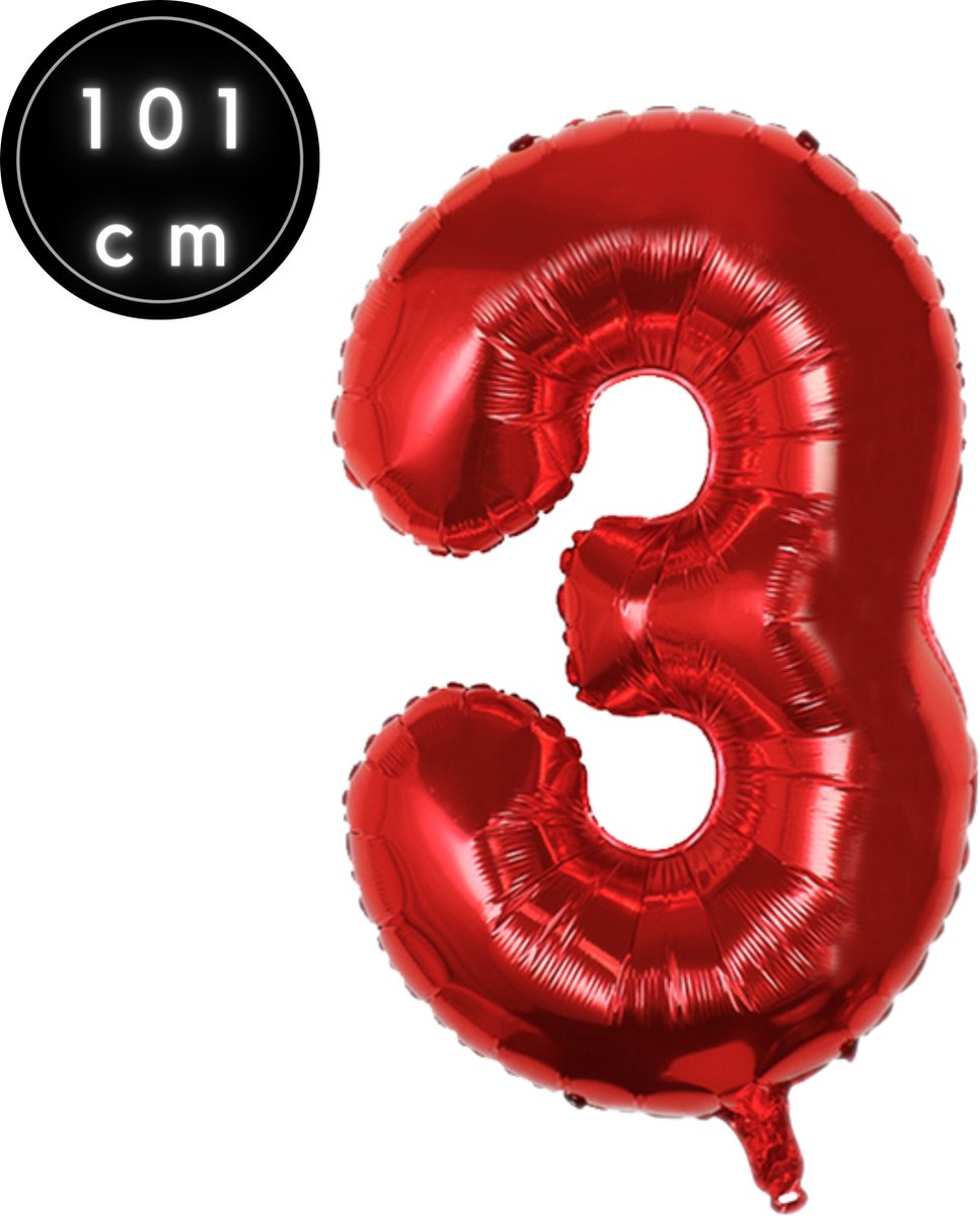 Fienosa Cijfer Ballonnen nummer 3 - Rood - 101 cm - XL Groot - Helium Ballon - Verjaardag Ballon
