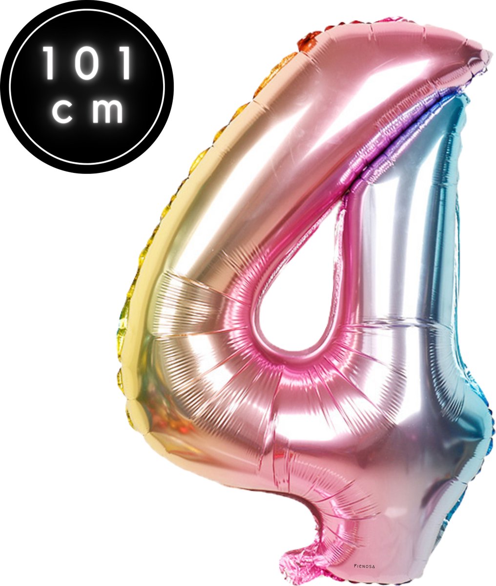 Fienosa Cijfer Ballonnen nummer 4 - Regenboog - 101 cm - XL Groot - Helium Ballon