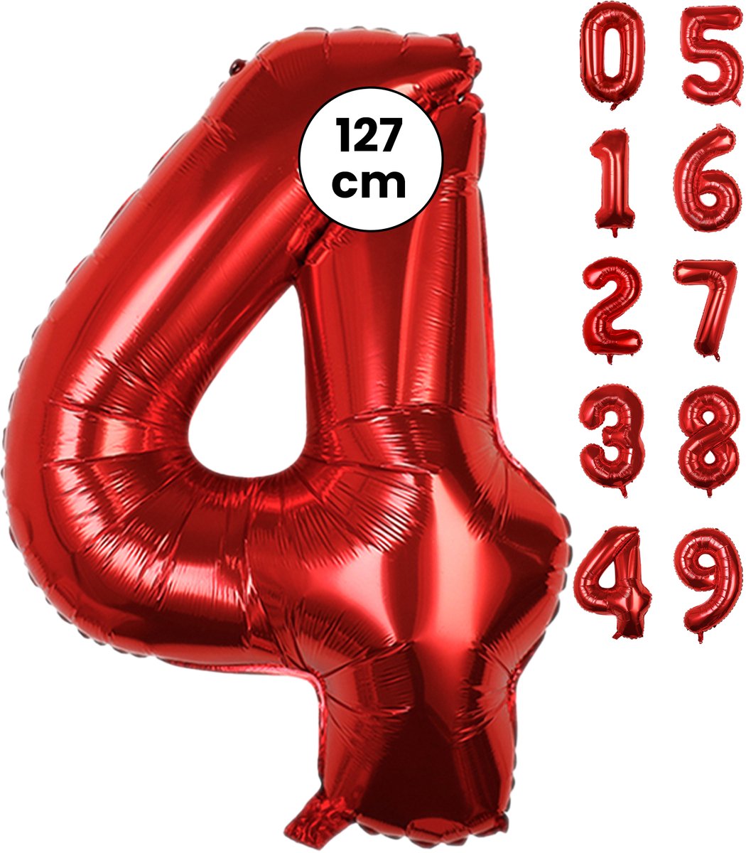 Fienosa Cijfer Ballonnen nummer 4 - Rood - 127 cm - XXL Groot - Helium Ballon - Verjaardag Ballon - Leeftijd verjaardag - Verjaardagsballon - Verjaardag