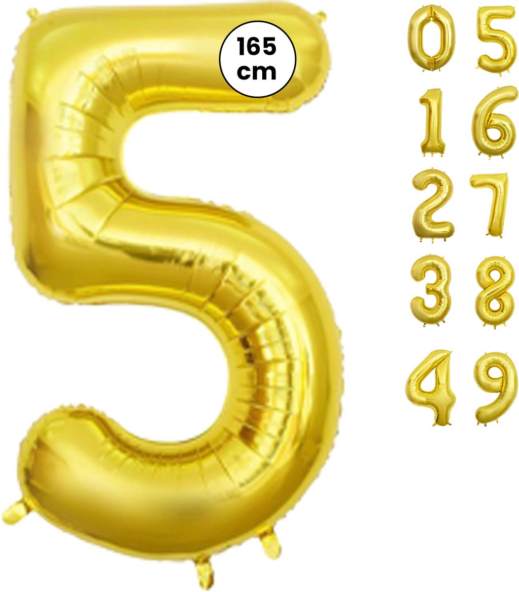 Fienosa Cijfer Ballonnen nummer 5 - Goud - 165 cm - Helium Ballon - Verjaardag ballon - Verjaardag versiering - Leeftijd verjaardag - Verjaardagsballon - Verjaardag