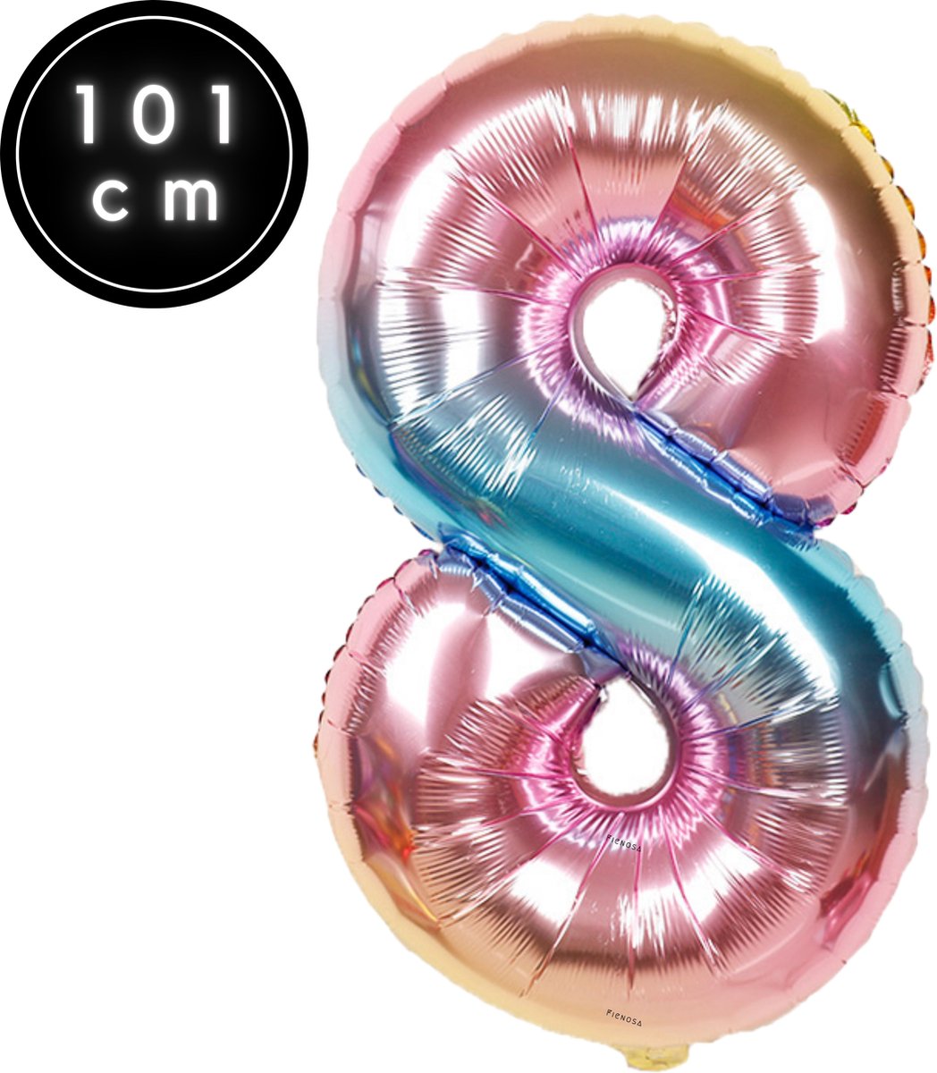 Fienosa Cijfer Ballonnen nummer 8 - Regenboog - 101 cm - XL Groot - Helium Ballon