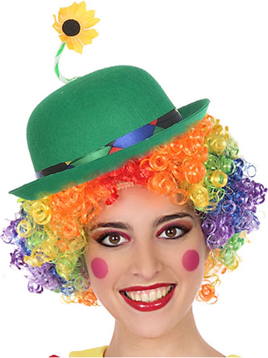 Verkleed bolhoed voor volwassenen groen met bloem - Carnaval clown kostuum hoedjes