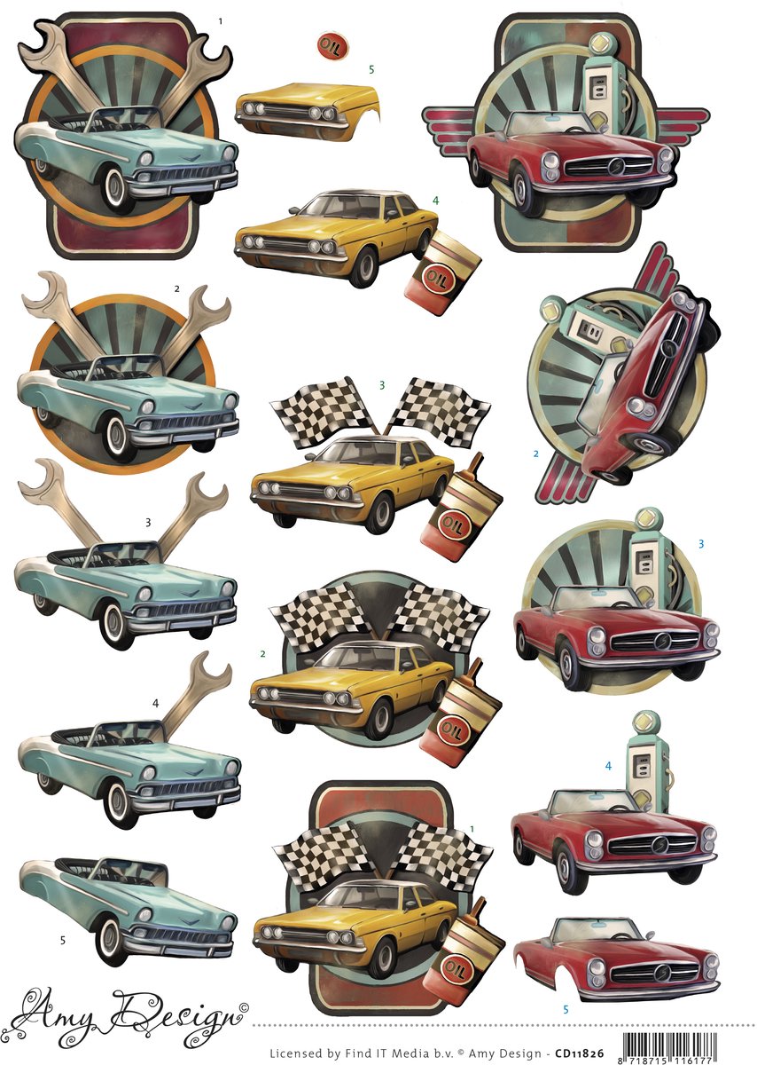 Set van 3 knipvellen 3D met thema autos