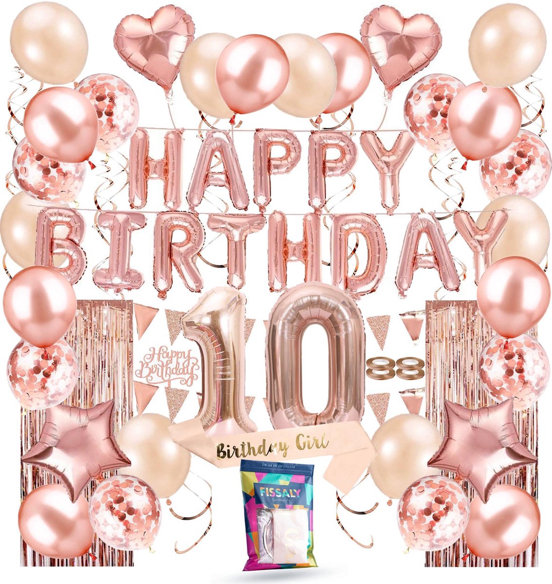 Fissaly® 10 Jaar Rose Goud Verjaardag Decoratie Versiering - Helium, Latex & Confetti Ballonnen