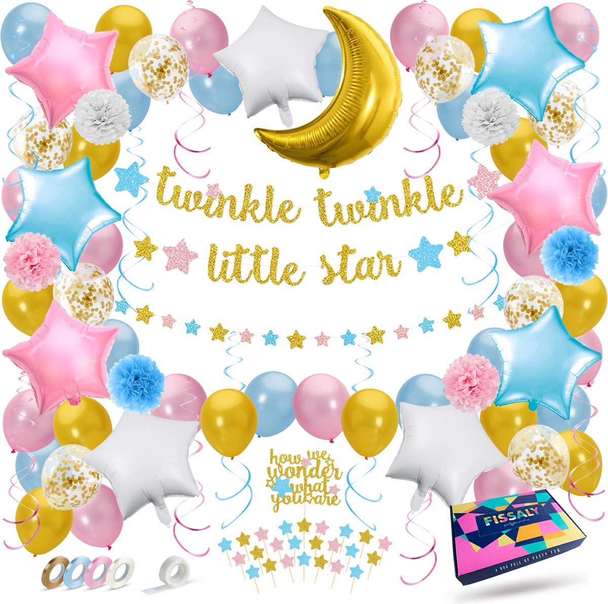 Fissaly® 112 Stuks Twinkle Twinkle Little Star Gender Reveal Versiering Decoratie - Slingers, Ballonnen & Accessoires