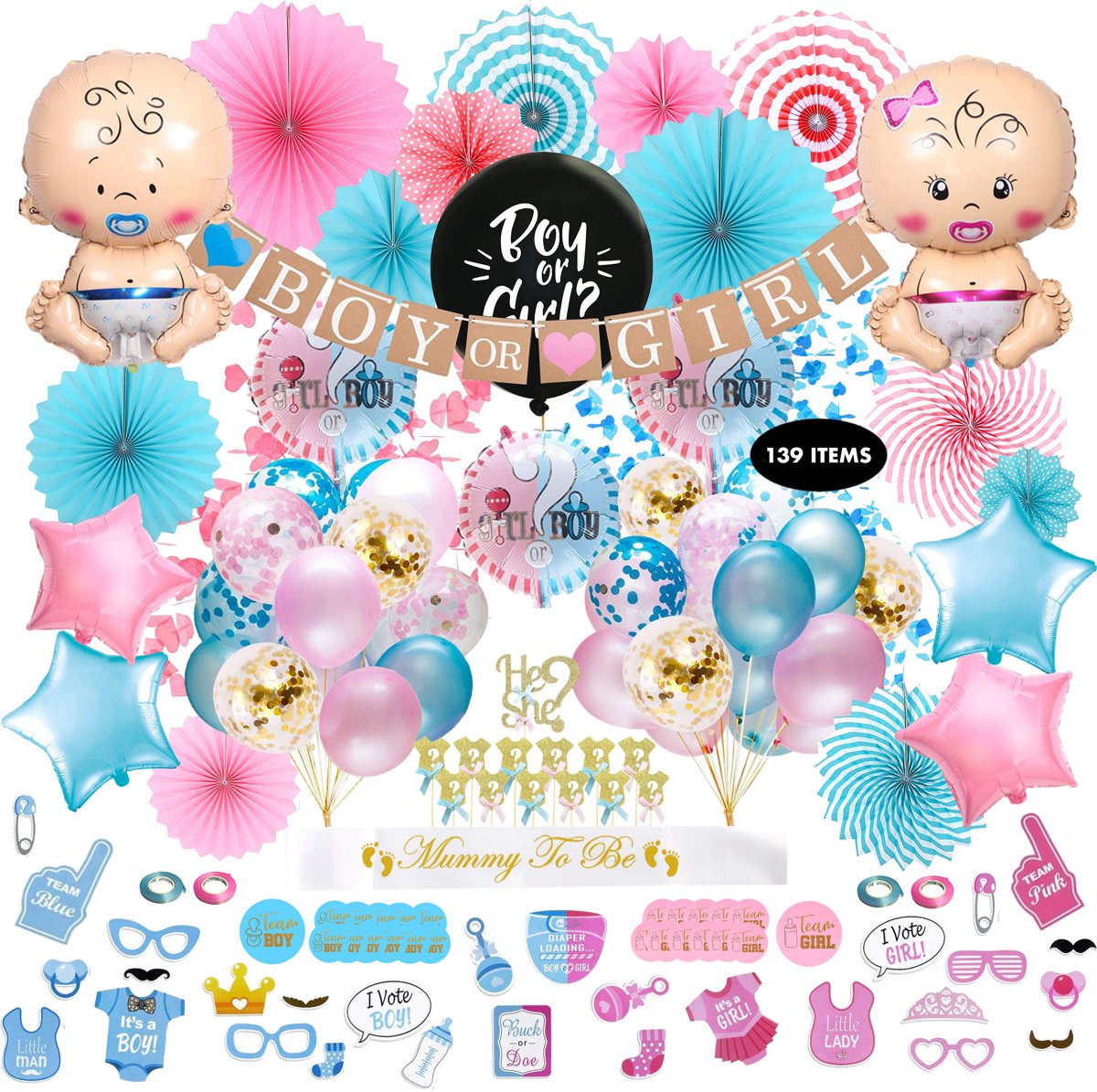 Fissaly® 139 Stuks Gender Reveal Baby Shower Ballonnen Decoratie Feestpakket – Geslachtsbepaling