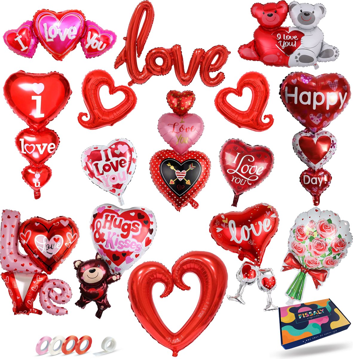 Fissaly® 15 Stuks Liefde & Hartjes Folie Ballonnen Decoratie Set – I Love You Versiering - Cadeautje - Man & Vouw - Hem & Haar - Rood - Valentijn