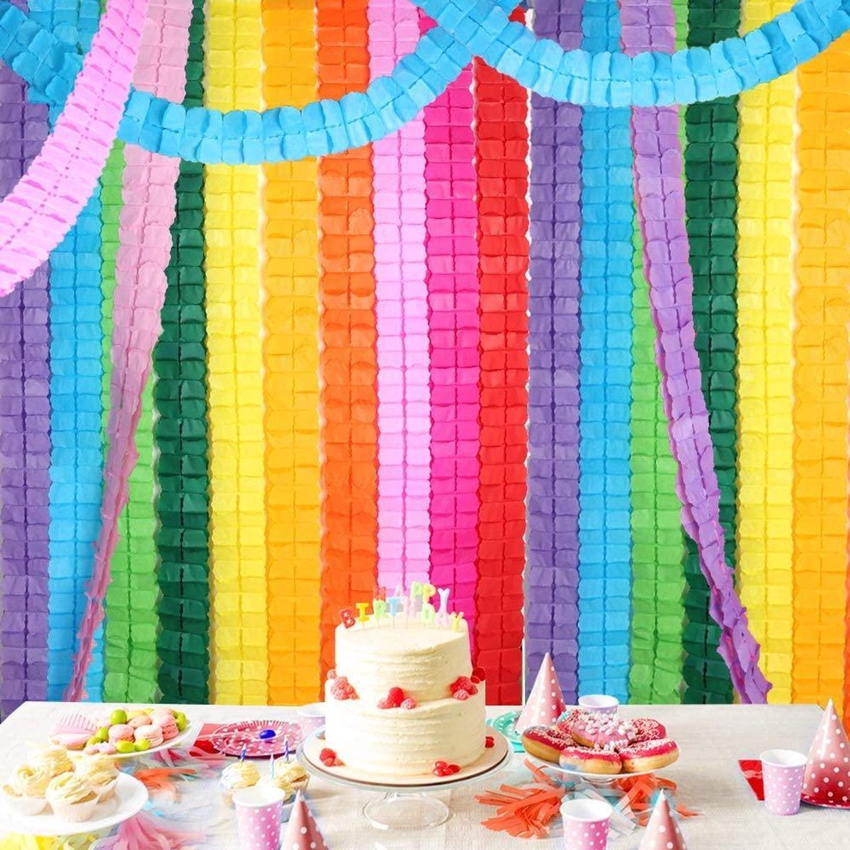 Fissaly® 16 Stuks Papieren Slingers Verjaardag Versiering Gekleurd – Decoratie Happy Birthday Feest & Feestje - Roze, Blauw, Groen, Rood, Oranje, Geel, Paars