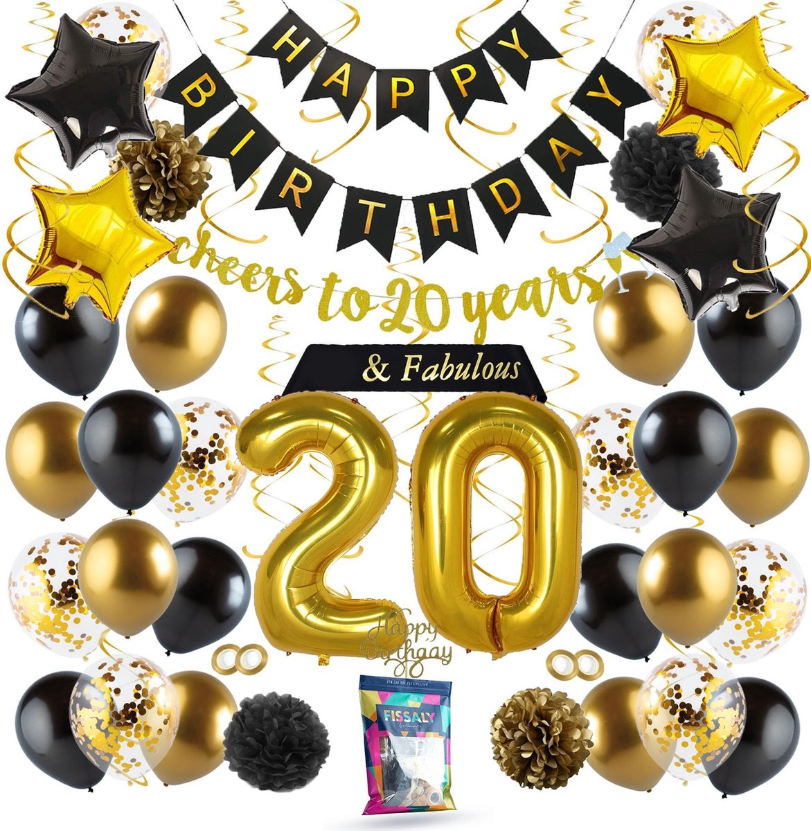 Fissaly® 20 Jaar Verjaardag Decoratie Versiering - Ballonnen – Jubileum Man & Vrouw - Zwart, Goud & Wit
