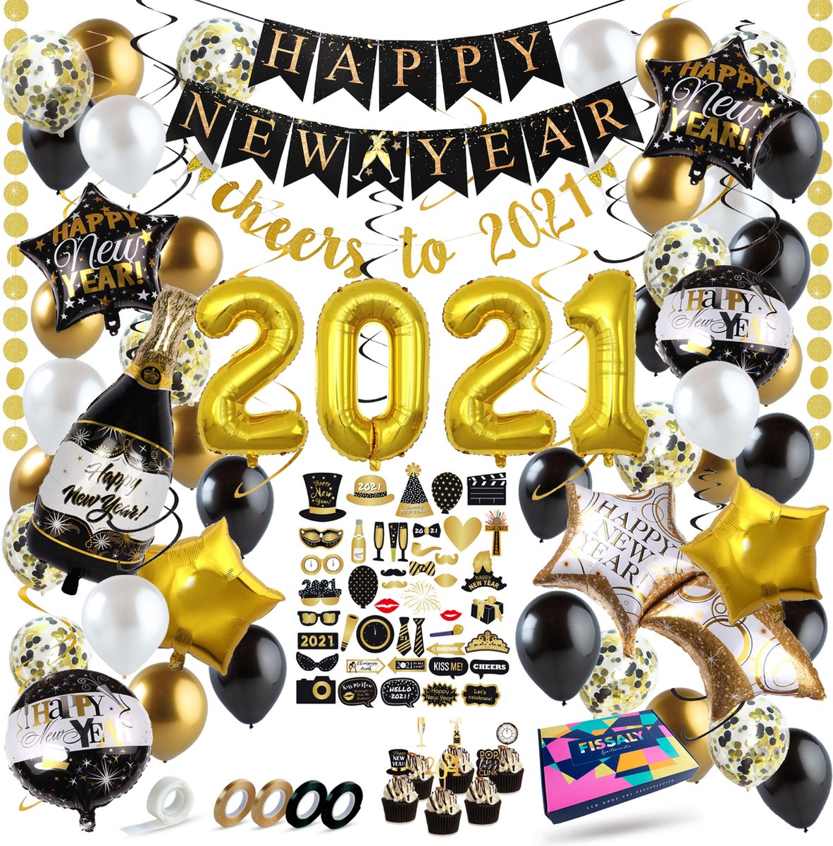 Fissaly® 2021 Oud en Nieuw Versiering Pakket - Happy New Year Feest – Oudjaar & Nieuwjaar Decoratie - Ballonnen Feestpakket