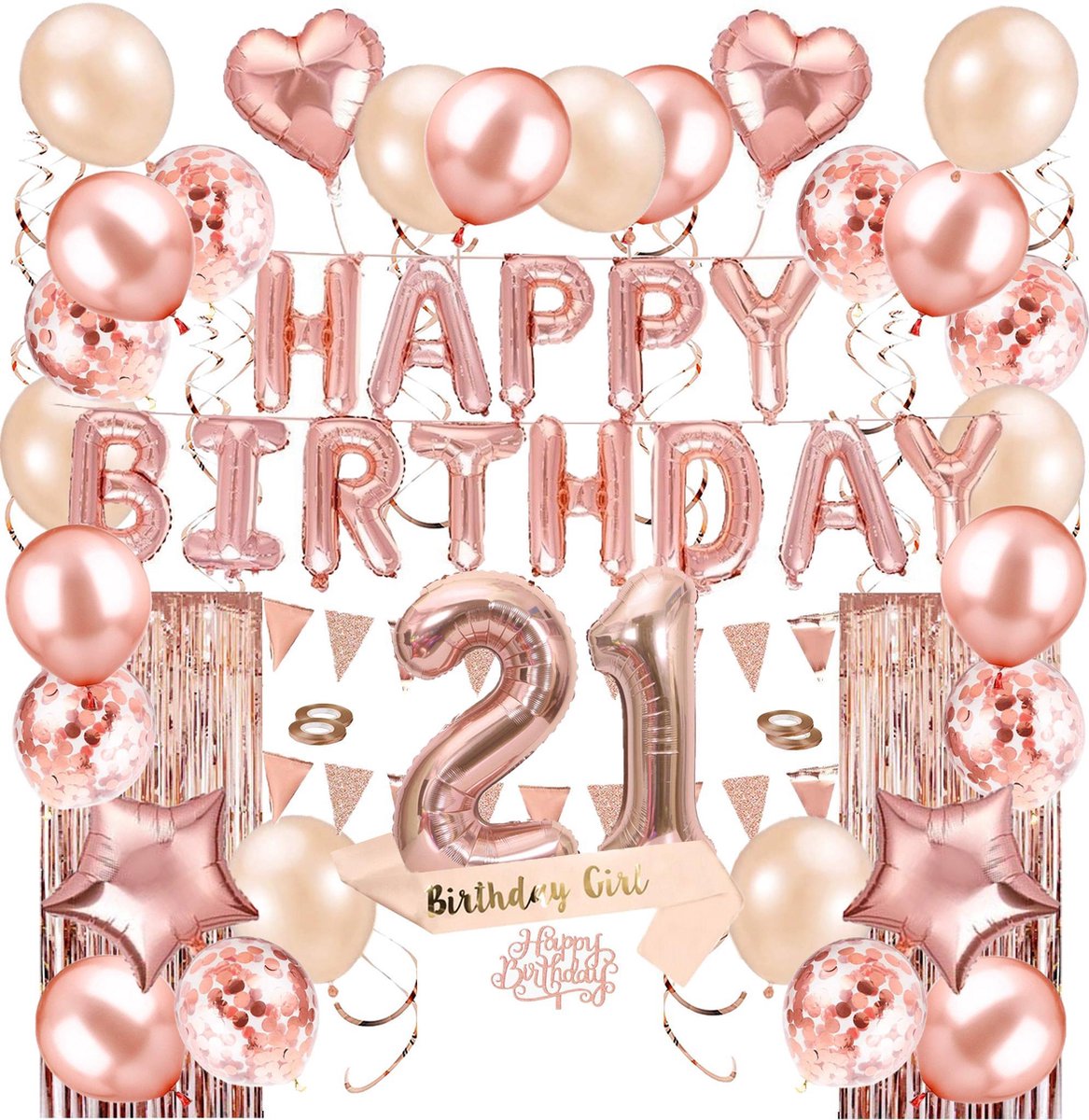 Fissaly® 21 Jaar Rose Goud Verjaardag Decoratie Versiering - Helium, Latex & Confetti Ballonnen