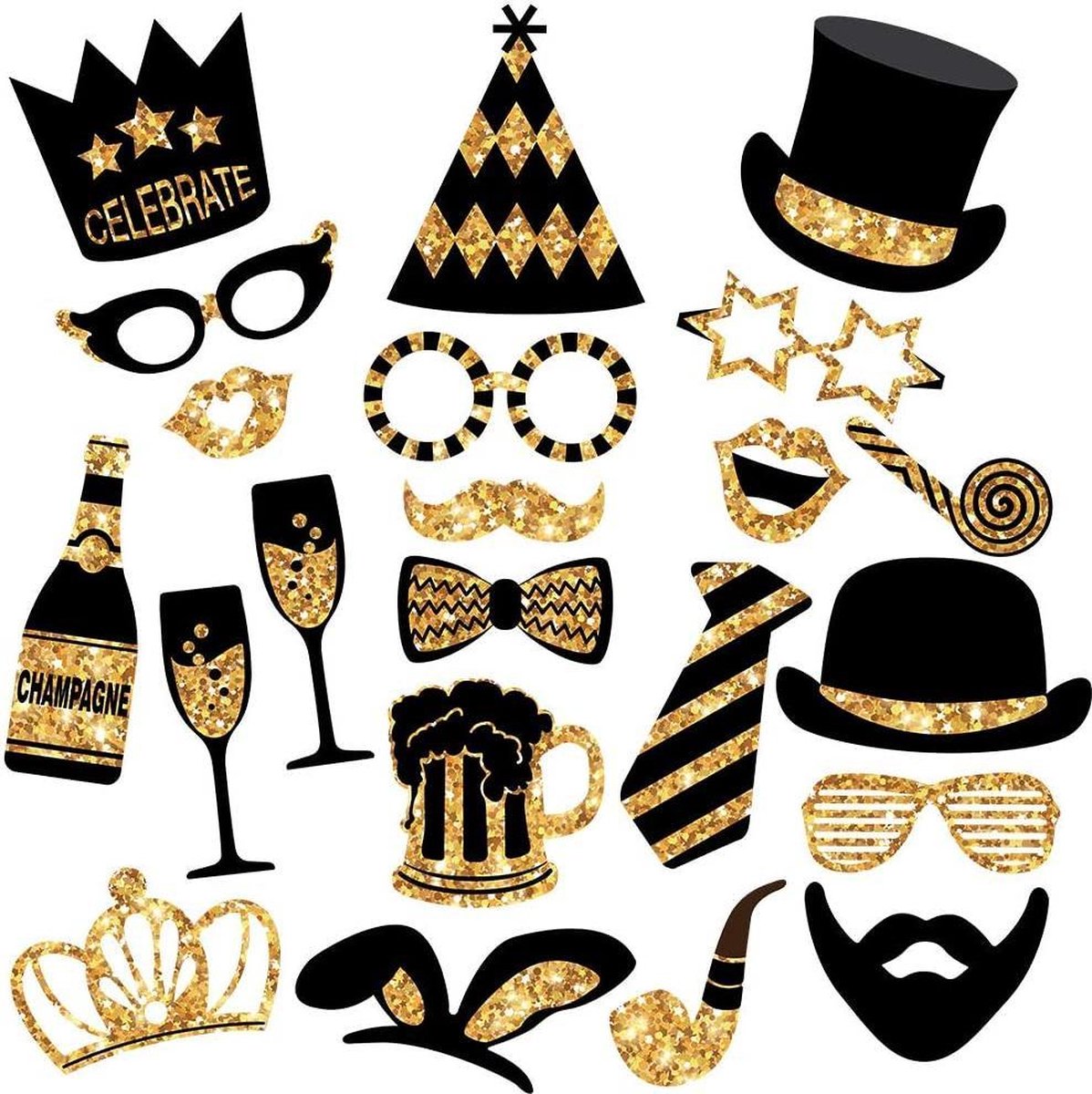 Fissaly® 22 Stuks Feest Photobooth Props - Fotohokje Rekwisieten – Foto Decoratie feestje - Zwart & Goud