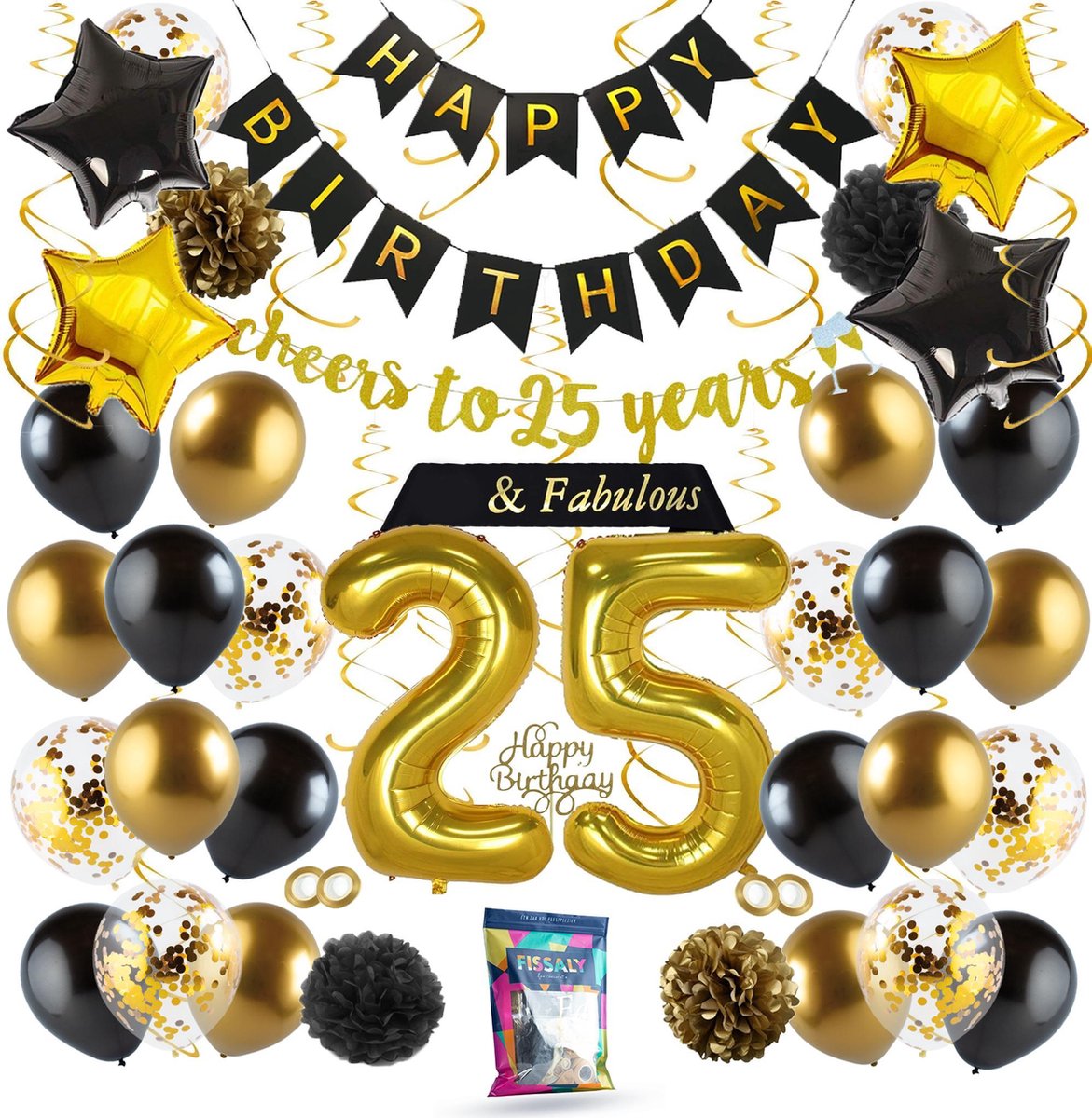 Fissaly® 25 Jaar Verjaardag Decoratie Versiering - Ballonnen – Jubileum Man & Vrouw - Zwart, Goud & Wit