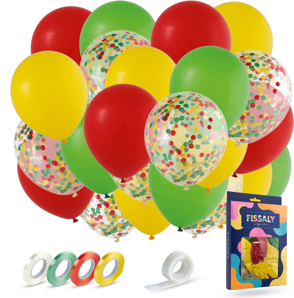 Fissaly® 40 Stuks Rood, Geel & Groen Carnaval Helium Ballonnen met Lint – Versiering Decoratie – Papieren Confetti - Latex