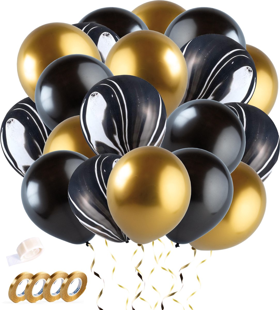 Fissaly® 40 stuks Metallic Chrome Goud, Zwart & Marmer Helium Ballonnen met Accessoires – Decoratie – Latex