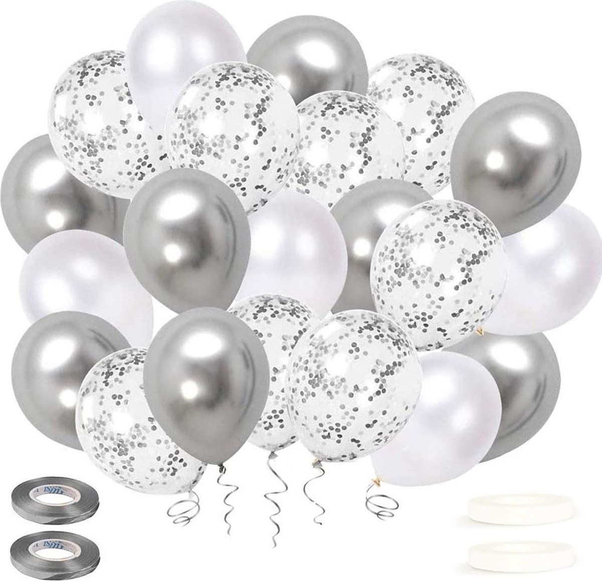 Fissaly® 40 stuks Zilver, Wit & Zilveren Confetti Helium Latex Ballonnen met Accessoires – Metallic Chrome - Decoratie