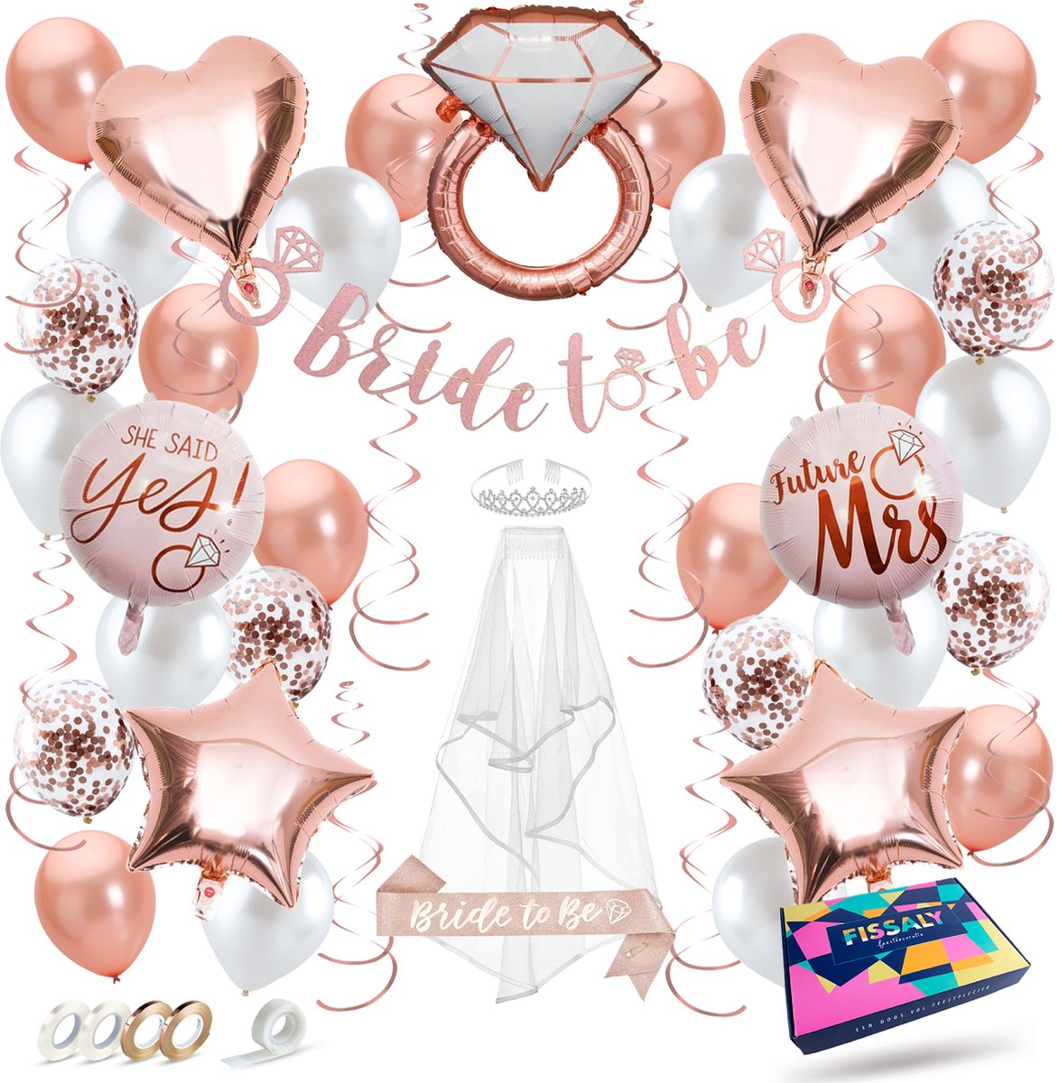 Fissaly® 56 stuks Bride To Be Decoratie Set – Vrijgezellenfeest Vrouw – Inclusief Ballonnen, Sjerp, Sluier, Versieringen & Accessoires