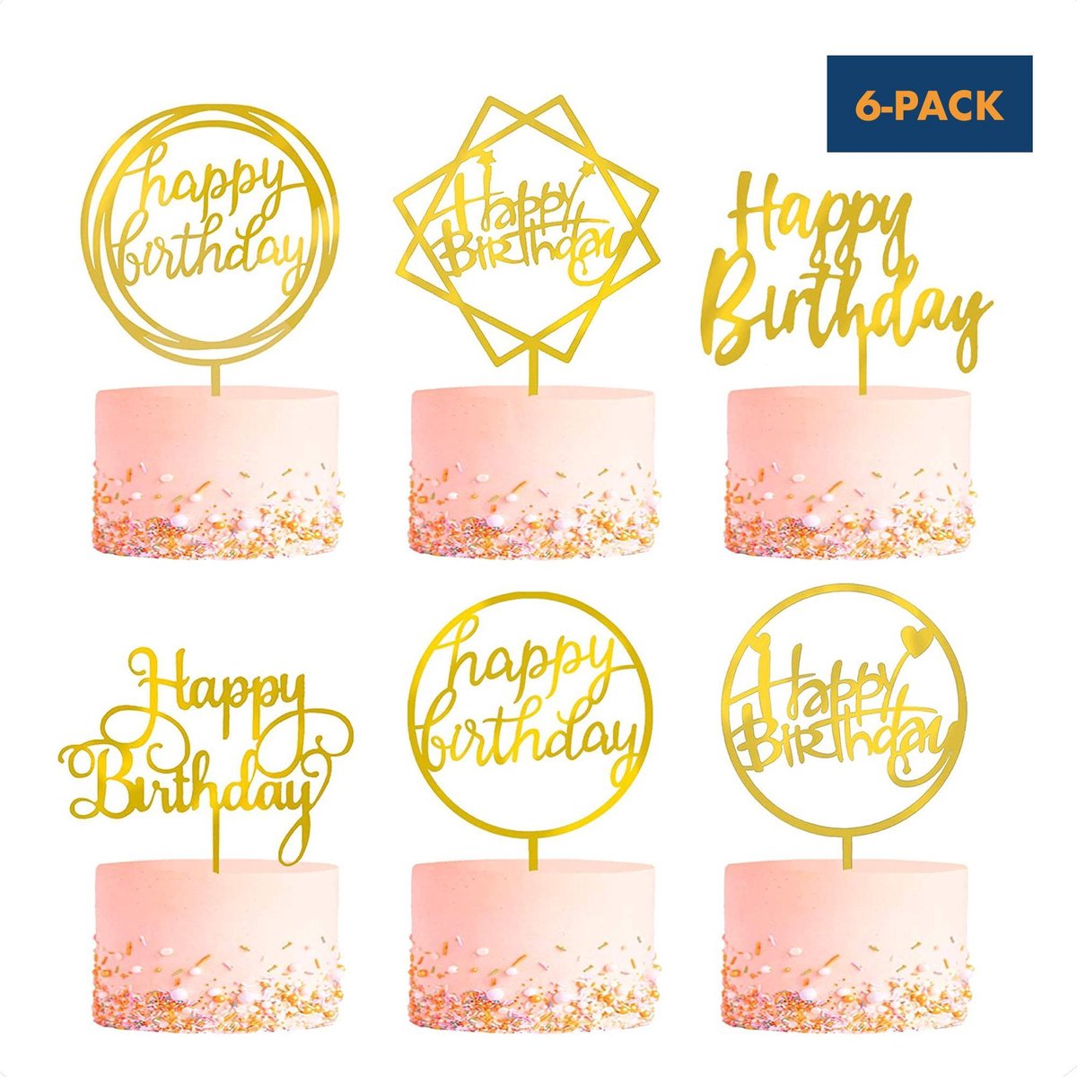 Fissaly® 6 Stuks Gouden Happy Birthday Taarttopper & Caketopper Set – Taartversiering – Decoratie Topper