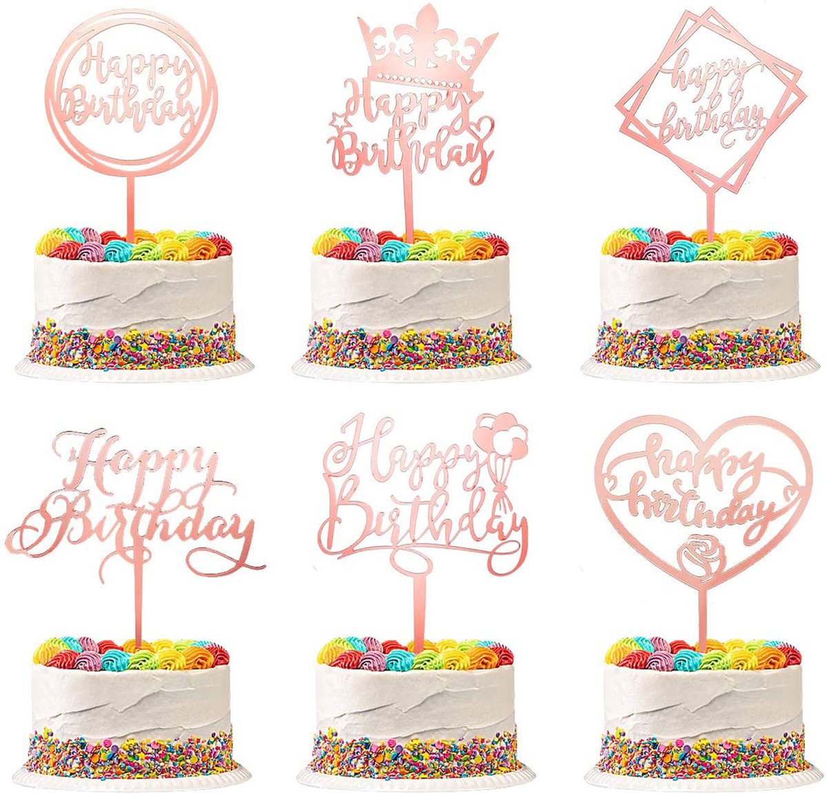  ® 6 Stuks Rosé Gouden Happy Birthday Taarttopper & Caketopper Set – Taartversiering – Decoratie Topper