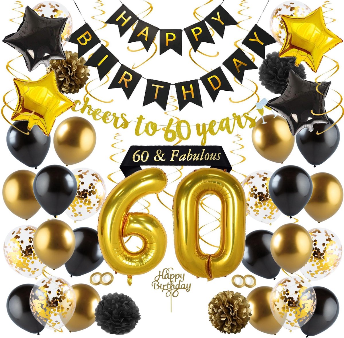 Fissaly® 60 Jaar Verjaardag Decoratie Versiering - Ballonnen – Jubileum Man & Vrouw - Zwart, Goud & Wit