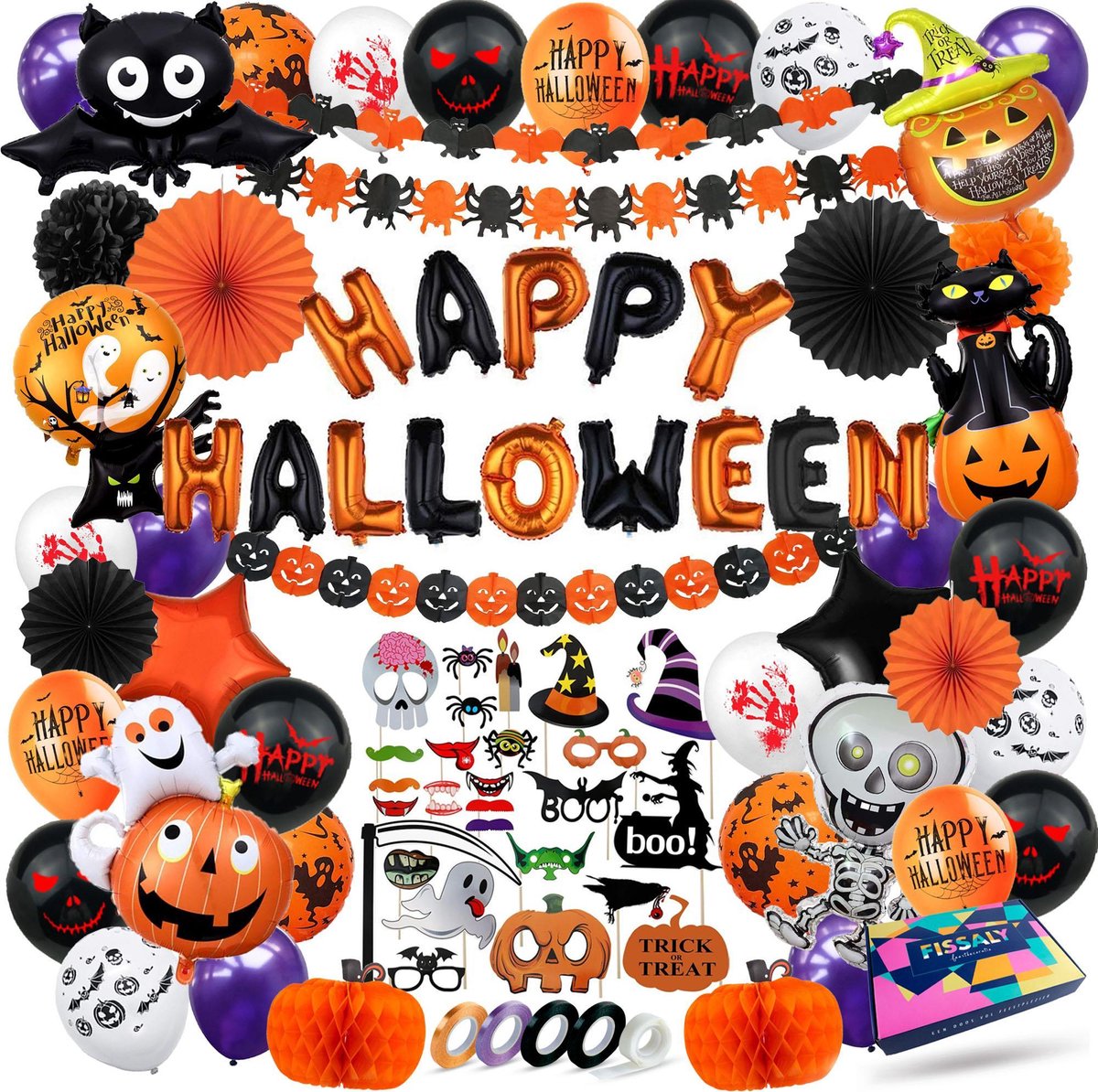 Fissaly® 76 Stuks Halloween Decoratie Set – Griezelige Feest Versiering met Slingers & Ballonnen – Accessoires voor Themafeest- Feestversiering met vleermuis, spook, skelet, pompoen, heks & photobooth props