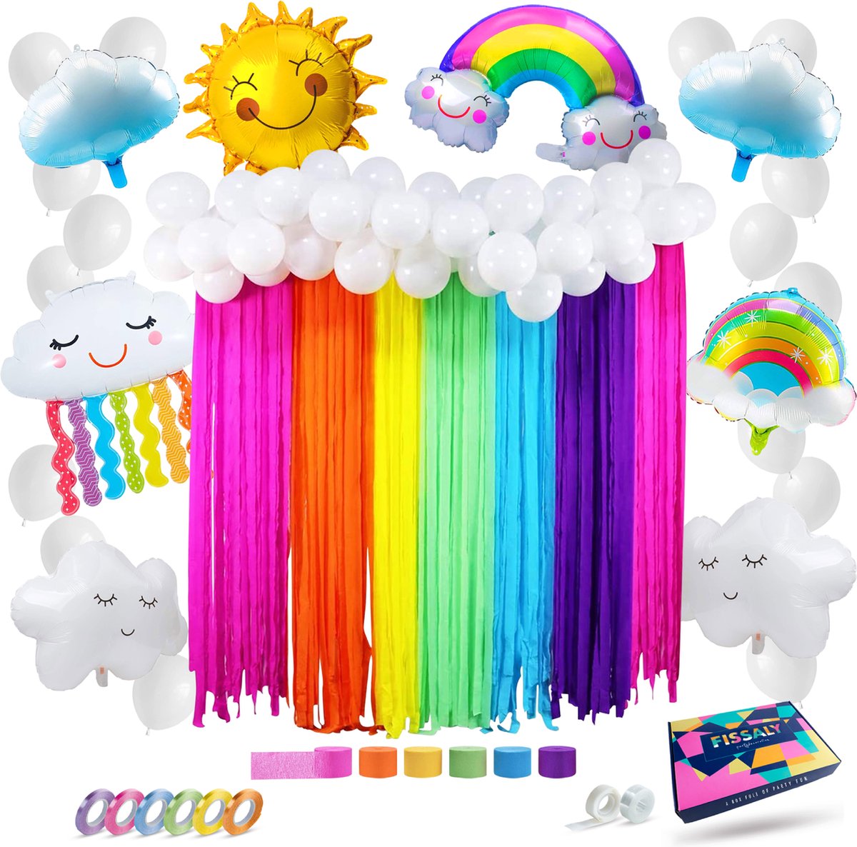 Fissaly® 79 Stuks Regenboog Wolken Decoratie Set – Feest Versiering met Ballonnen & Crepe Papier Slingers – Feestdecoratie Verjaardag & Themafeest
