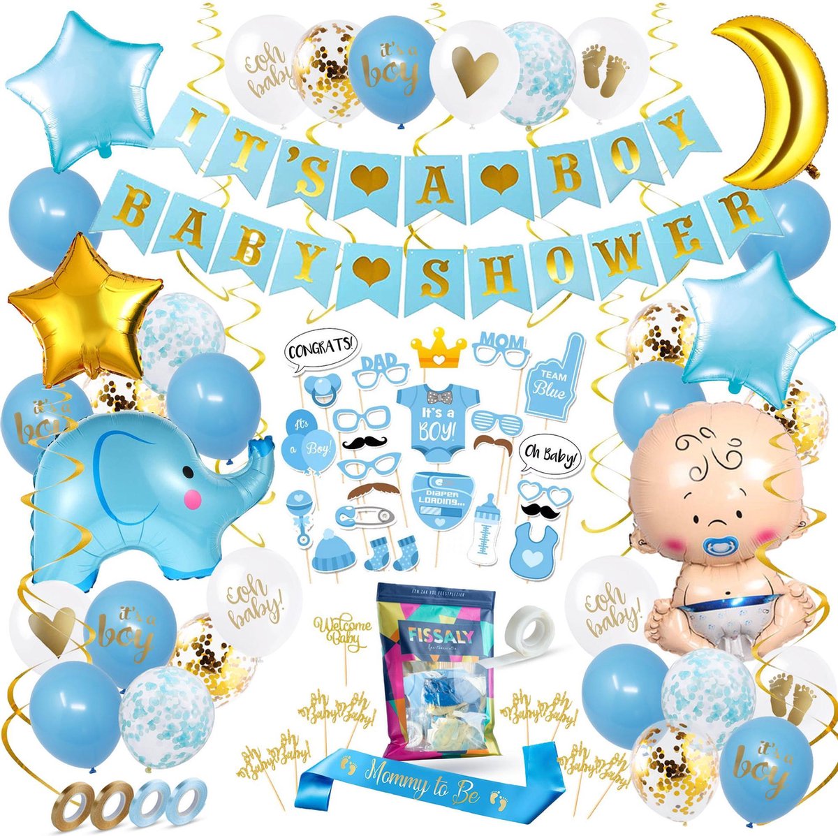 Fissaly® 80 Stuks Babyshower Jongen & Gender Reveal Versiering – Baby Boy – Mommy to Be Party Decoratie Pakket