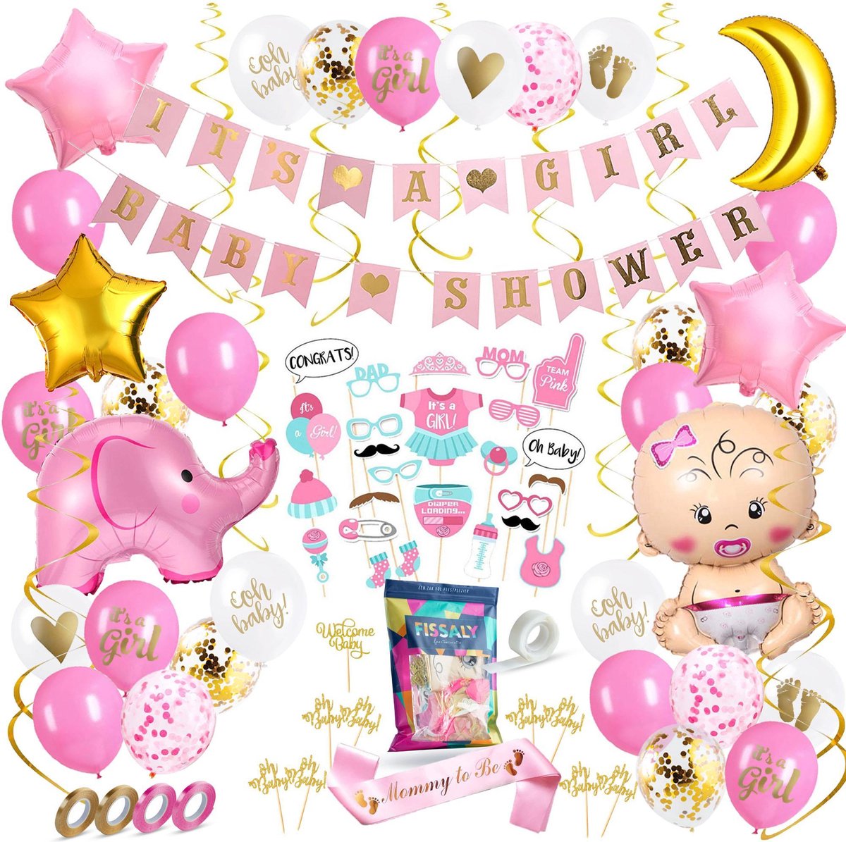 Fissaly® 80 Stuks Babyshower Meisje & Gender Reveal Versiering – Baby Girl – Mommy to Be Party Decoratie Pakket