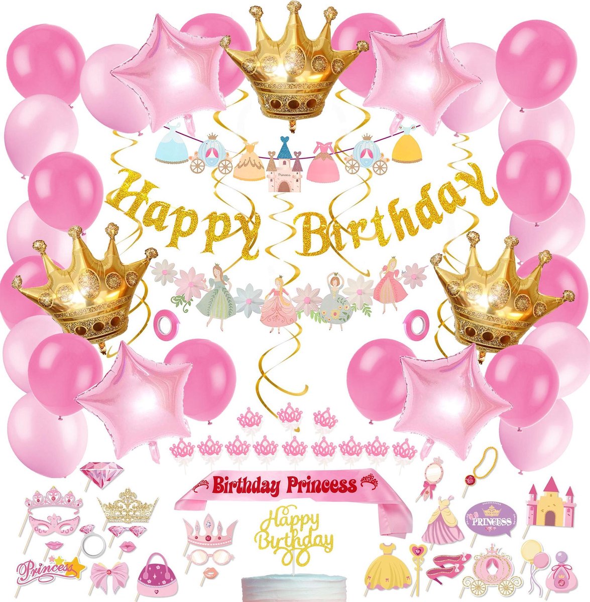Fissaly® 85 Stuks Prinses Sprookjes Verjaardag Versiering – Kinderfeestje Meisje Decoratie – Feest Pakket