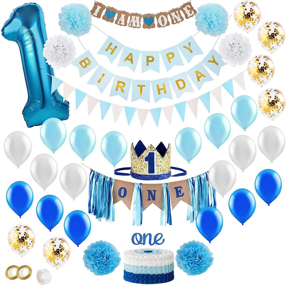 Fissaly® Baby 1 Jaar Verjaardag Versiering Jongen XXL – Happy Birthday Kind Decoratie Incl. Ballonnen – Blauw