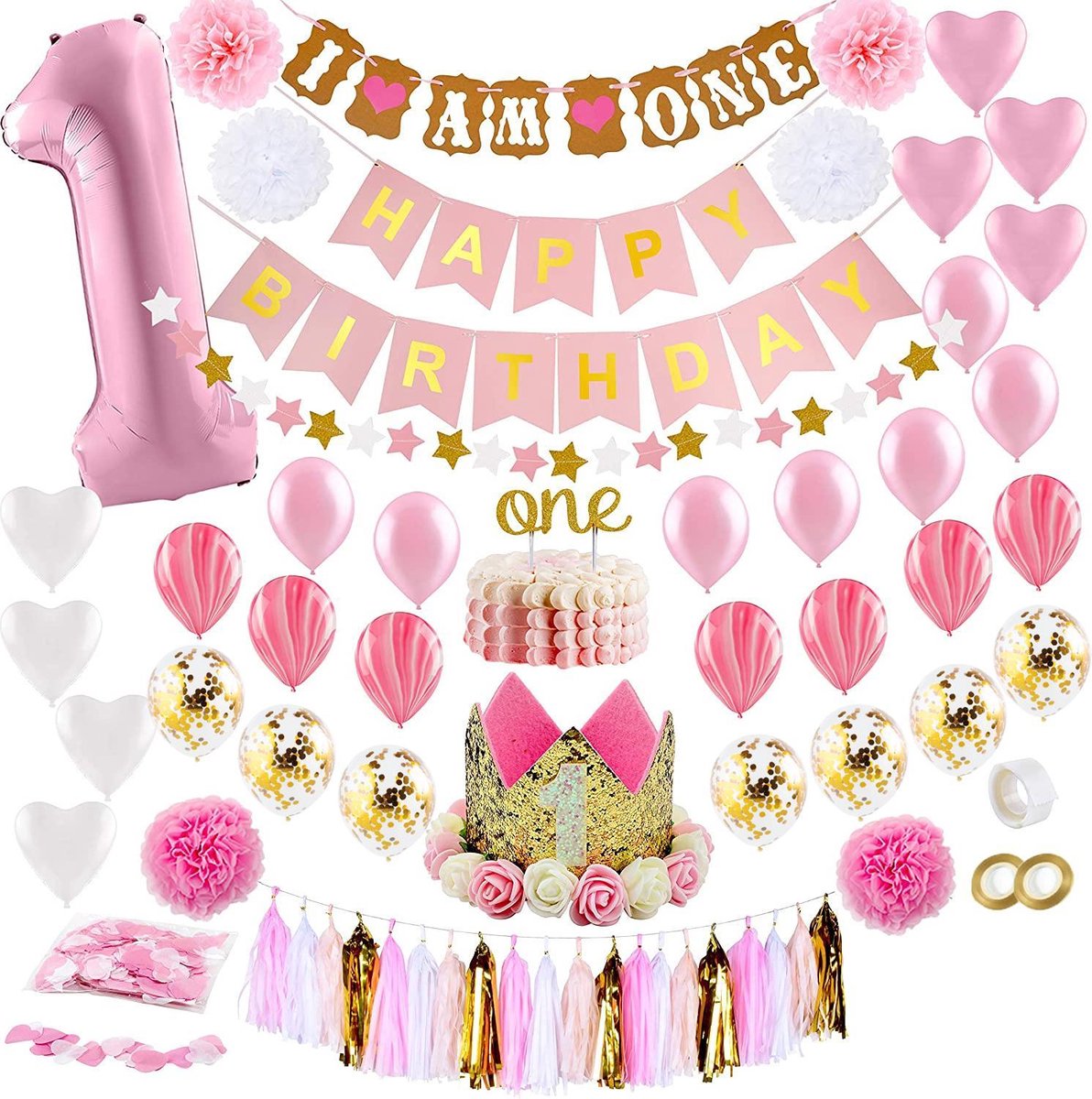 Fissaly® Baby 1 Jaar Verjaardag Versiering Meisje XXL – Happy Birthday Kind Decoratie Incl. Ballonnen – Roze