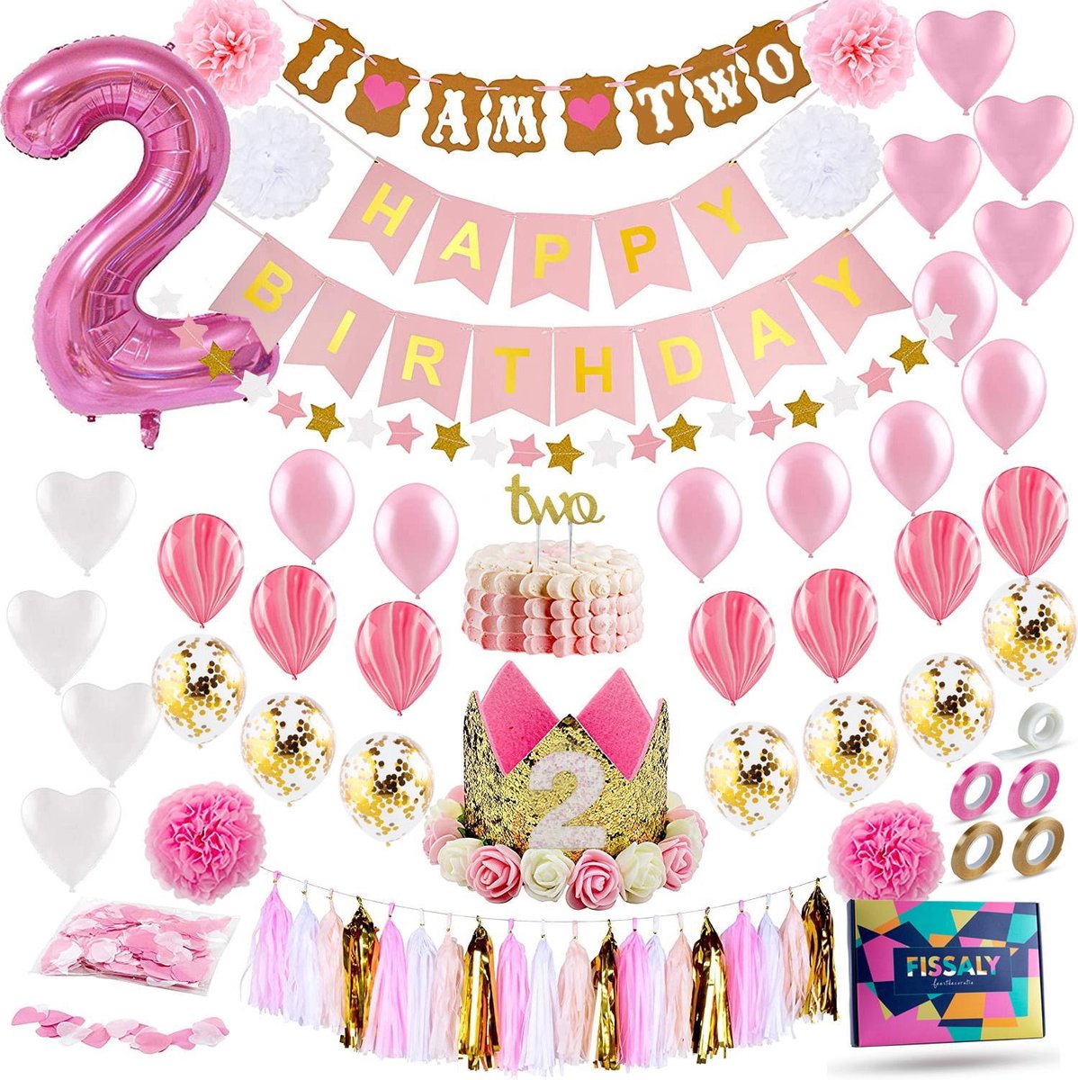 Fissaly® Kind 2 Jaar Verjaardag Versiering Meisje XXL – Happy Birthday Decoratie Incl. Ballonnen – Roze