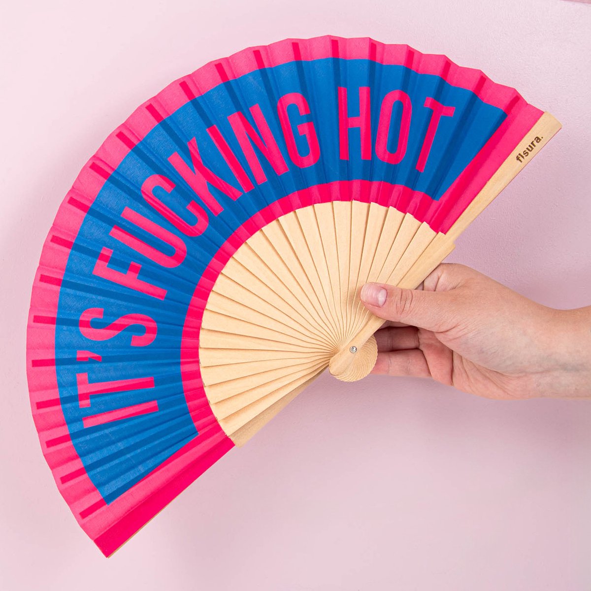 Fisura Houten waaier Its Fucking Hot - Blauw/roze/geel